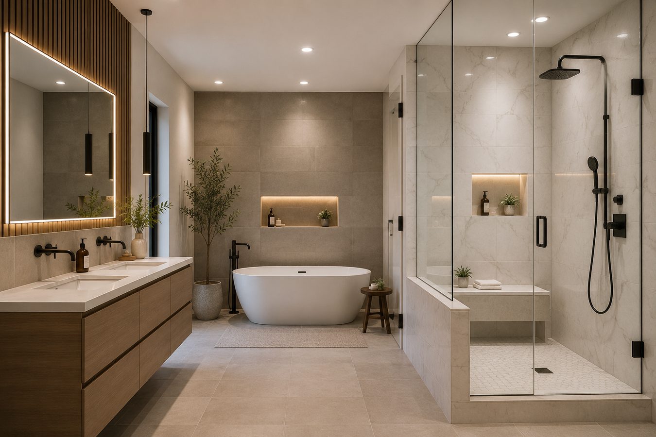 Looking through a doorway into a finished walk-in shower