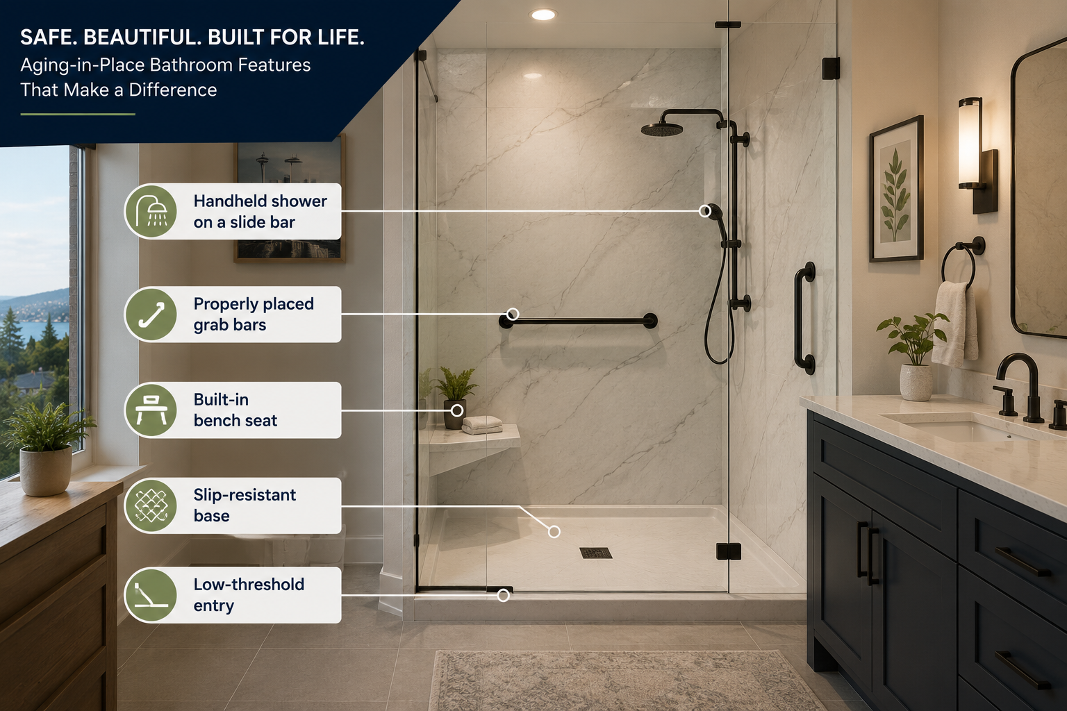 Annotated aging-in-place walk-in shower for a Seattle home — low-threshold entry, slip-resistant base, properly placed grab bars, built-in seat, handheld shower head, and easy-reach controls