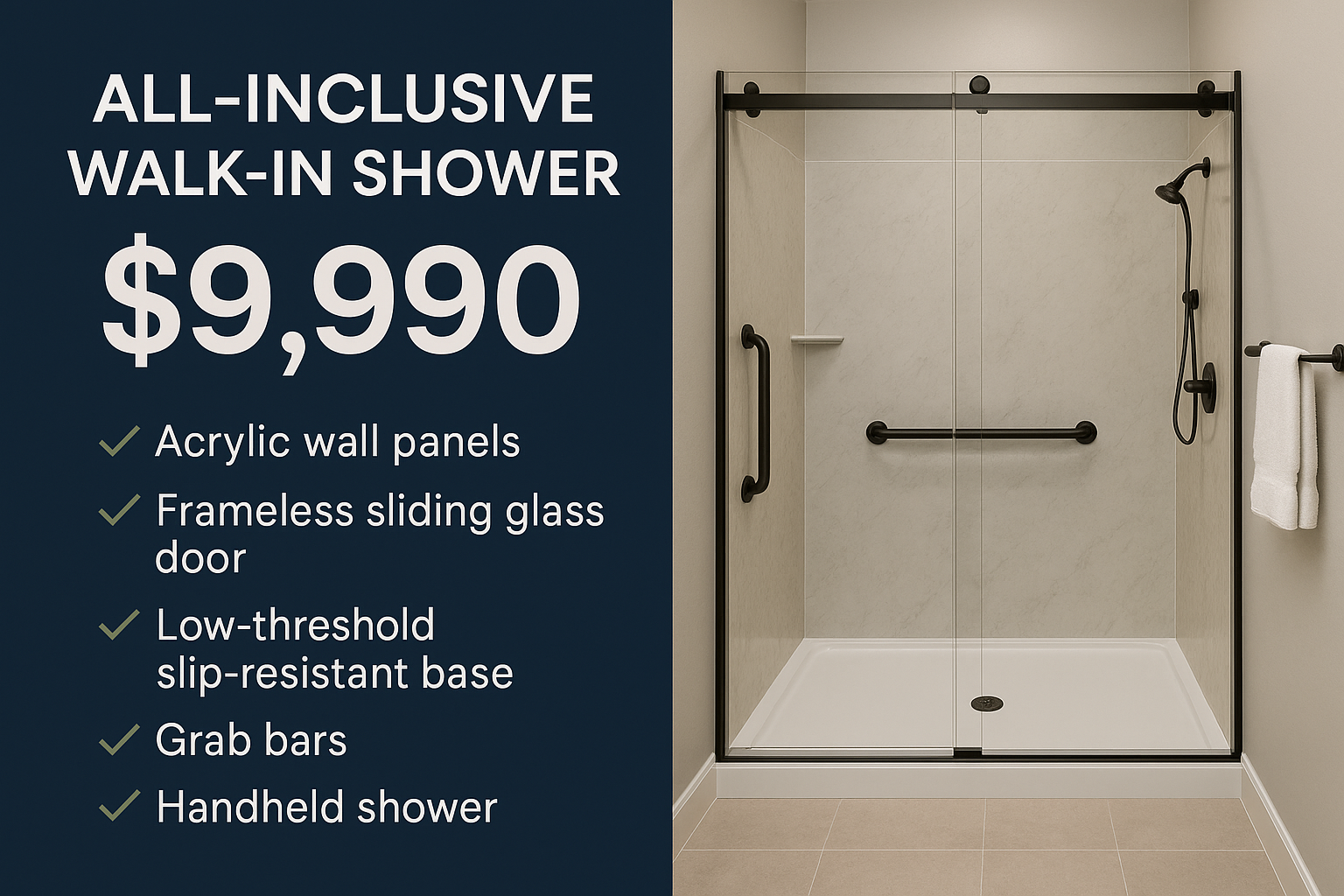 The $9,990 all-inclusive walk-in shower system from Unique Bath of Seattle — high-end acrylic wall panels, frameless sliding glass door, low-threshold slip-resistant base, grab bars, handheld shower head, and a safety package included