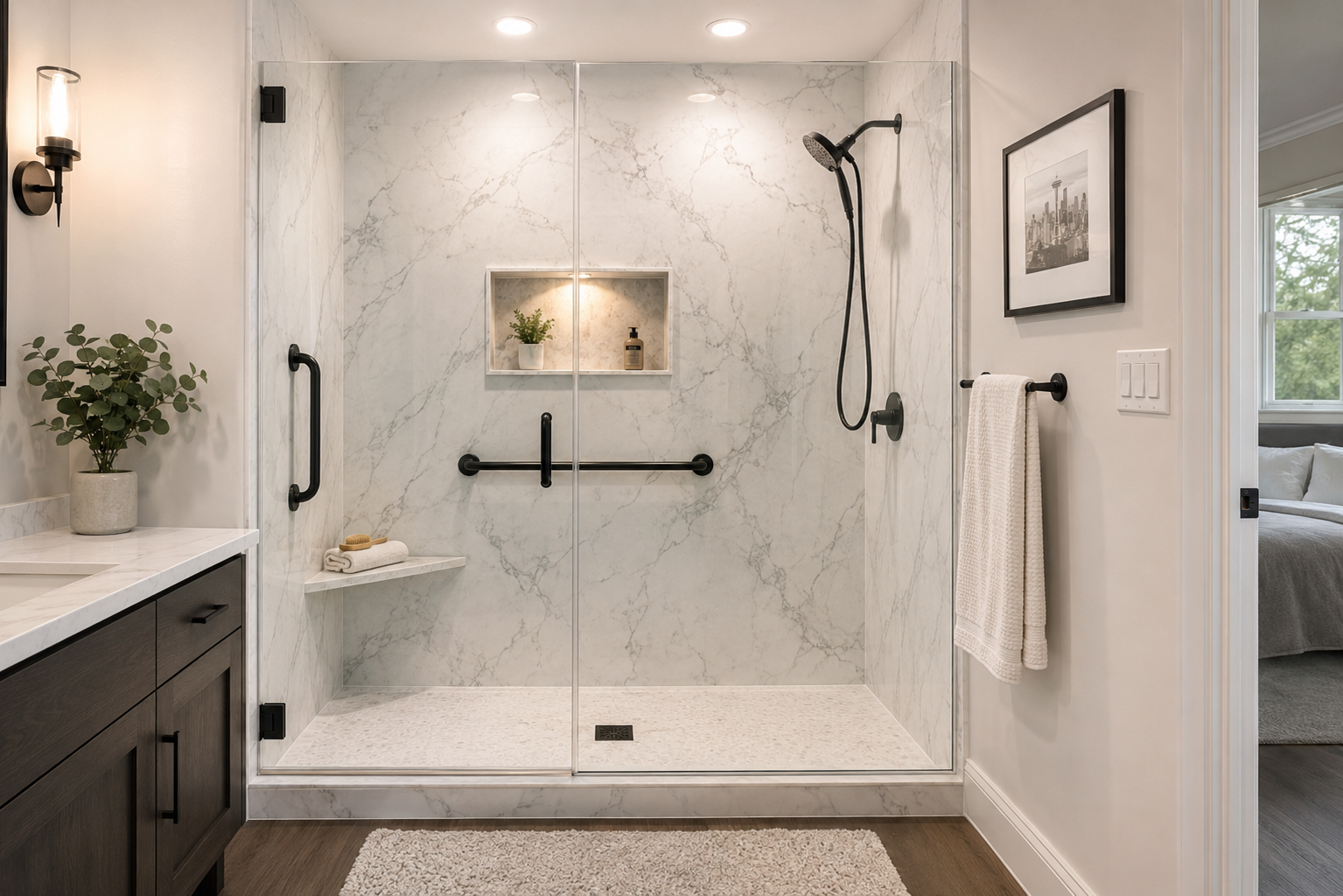 Finished walk-in shower installation in a Seattle home with marble-look Bellatone acrylic wall panels, frameless glass door, built-in niche, grab bar, and bench