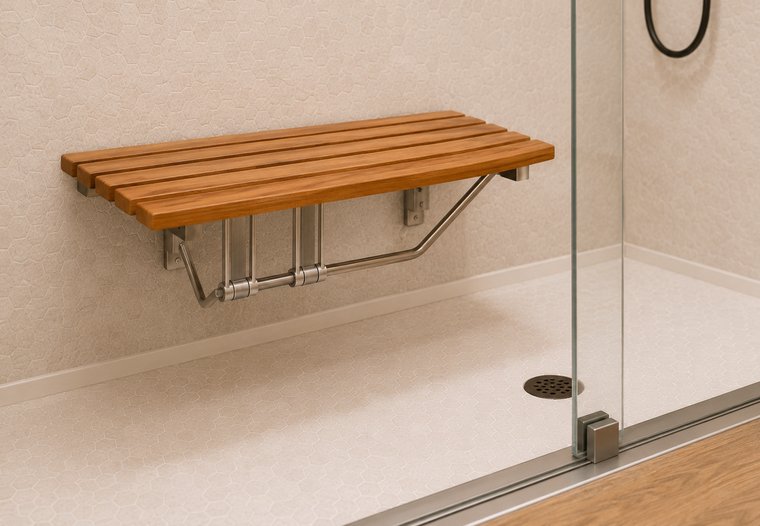 Teak fold-down shower bench mounted to the wall