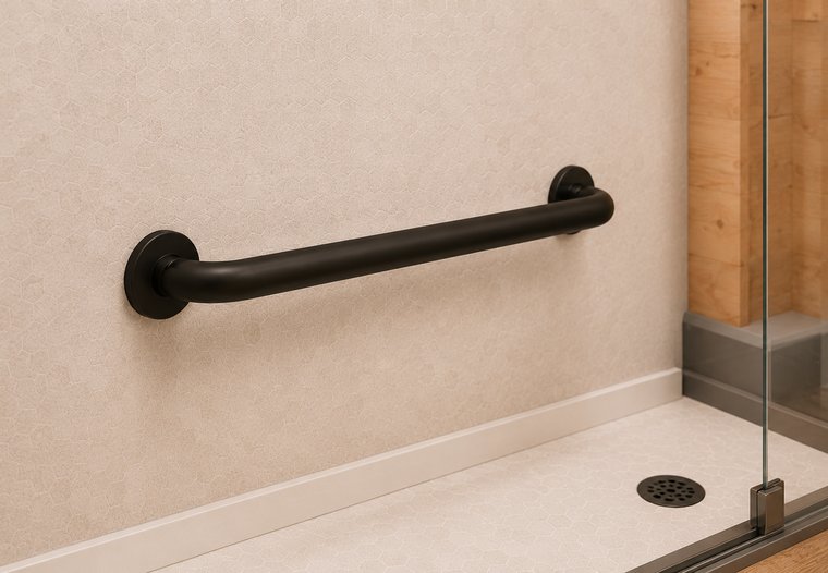 Matte-black ADA-rated grab bar mounted on the shower wall
