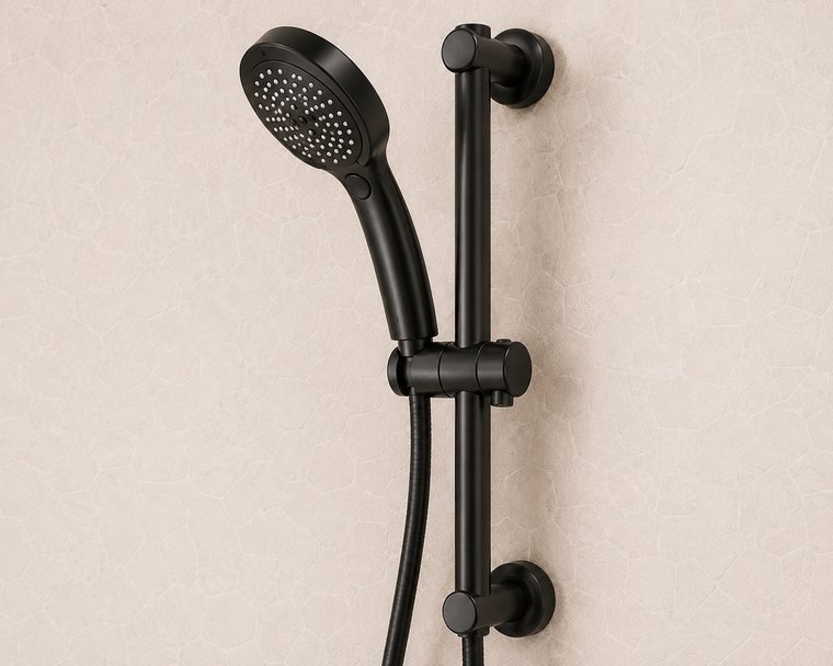 Matte-black handheld shower on a height-adjustable slide bar