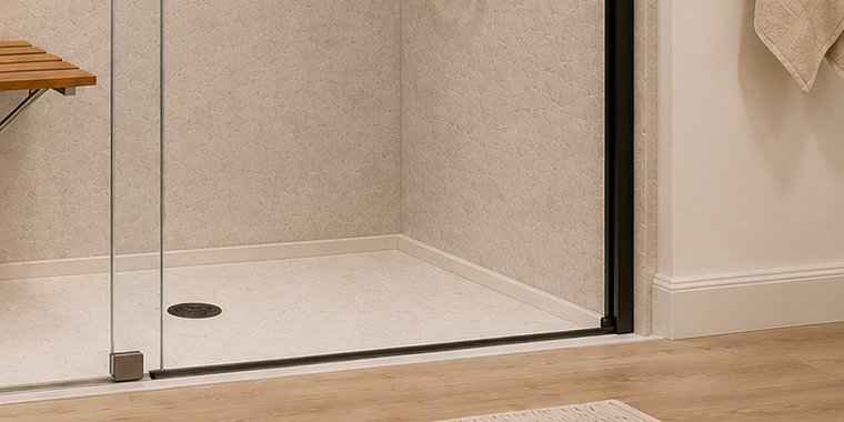 Low, near-curbless threshold where the glass shower meets the floor