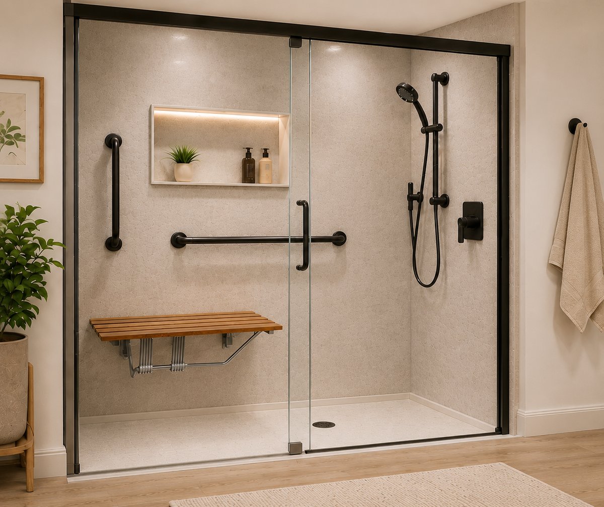 A SteadyStep walk-in shower with grab bars, a wide fold-down bench, low-threshold entry, a handheld shower on a slide bar, and a niche