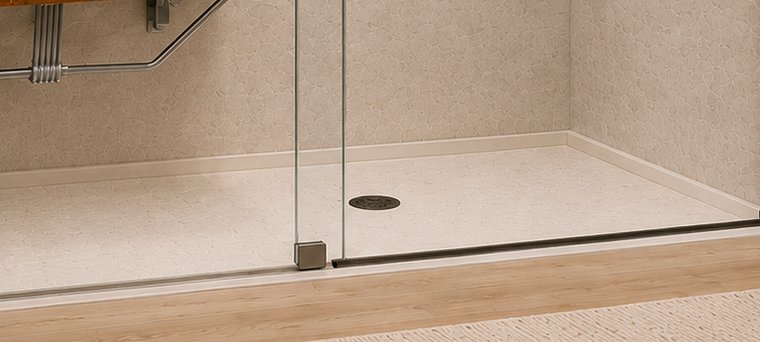 Textured, slip-resistant shower base with a center drain